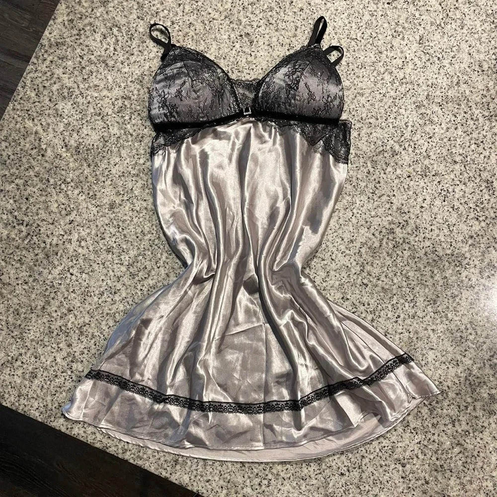 silver slip dress with black lace and bead rhinestone